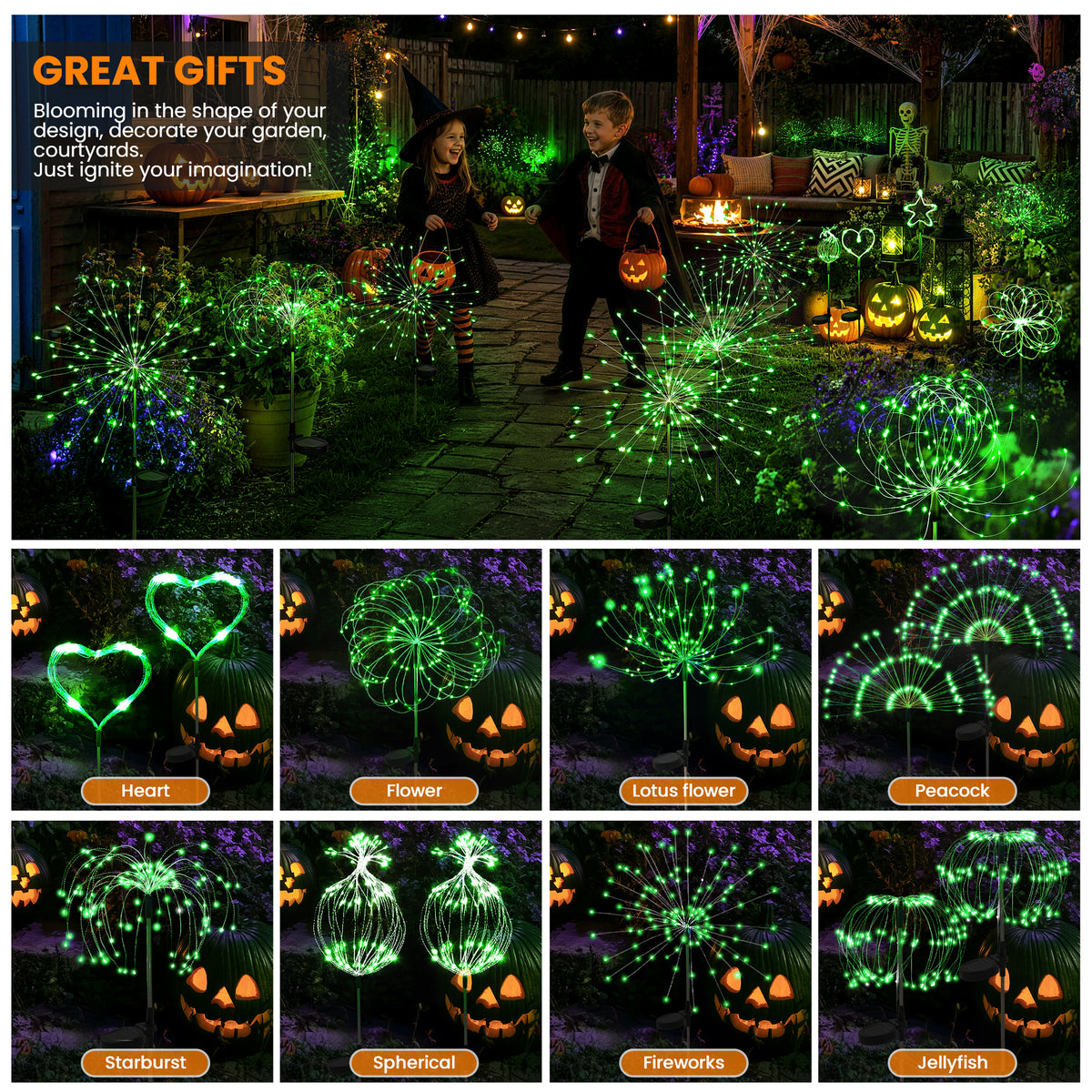 PEVOROS Solar Halloween Firework Garden Lights Outdoor, Green(4&6 Pack)