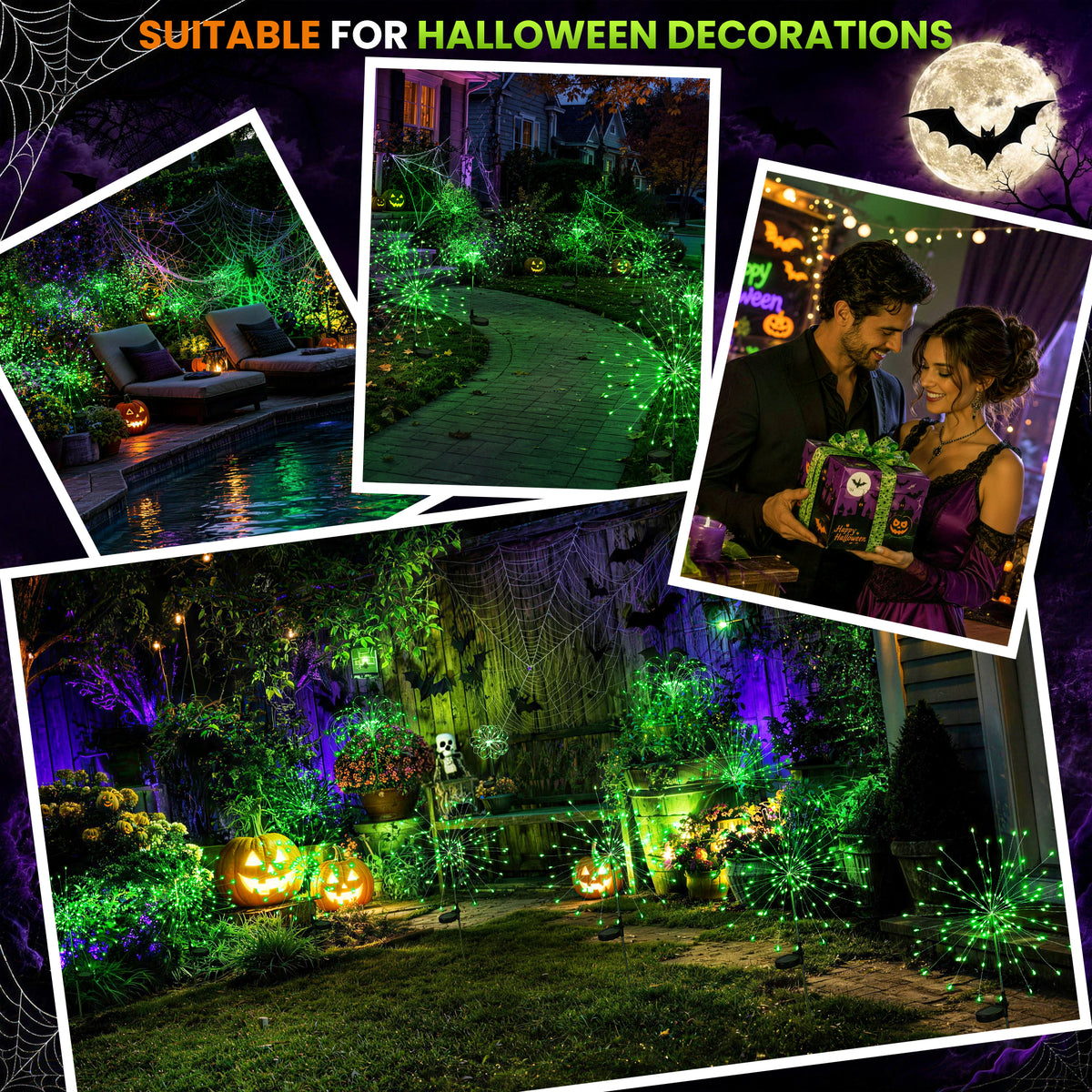 PEVOROS Solar Halloween Firework Garden Lights Outdoor, Green(4&6 Pack)