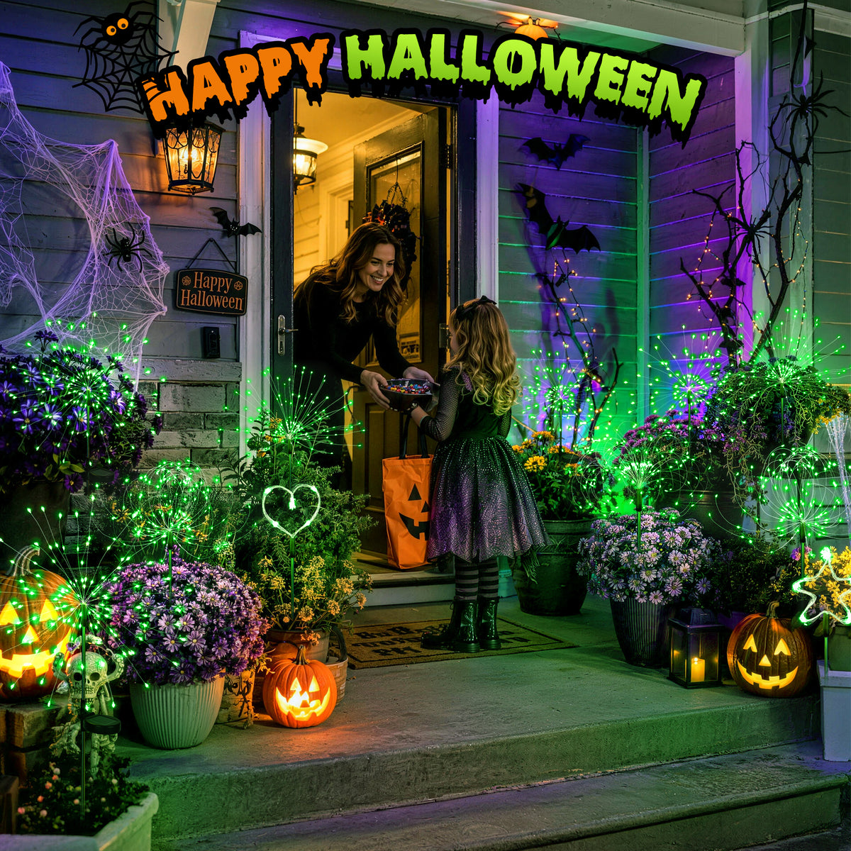PEVOROS Solar Halloween Firework Garden Lights Outdoor, Green(4&6 Pack)